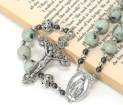 Dalmatian Jasper Natural Stone Rosary Beads Necklace Holy Soil & Cross - Nazareth Store