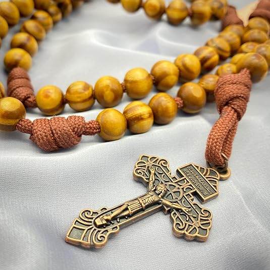 Rugged Cord Wooden Beads Paracord Rosary Necklace Red Bronze St Michael Medal - Nazareth Store