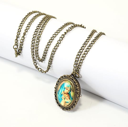 Antique Bronze Pocket Watch Pendant with Holy Mary & Baby Jesus Icon, Christian Madonna Quartz Chain Necklace Nazareth Store