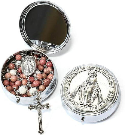 White Howlite Pink Aventurine Beads Rosary Necklace Miraculous Medal Holy Mary Box - Nazareth Store