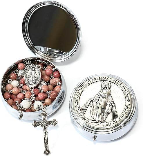 White Howlite Pink Aventurine Beads Rosary Necklace Miraculous Medal Holy Mary Box - Nazareth Store