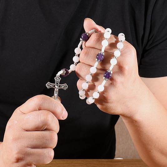 White Jade & Natural Stone Beads Rosary Necklace St. Miraculous Medal & Cross Crucifix - Nazareth Store