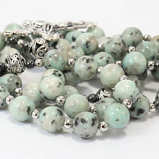 Dalmatian Jasper Natural Stone Rosary Beads Necklace Holy Soil & Cross - Nazareth Store