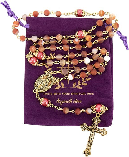 Red Matte Stone Rosary Necklace with Miraculous Medal & Gold Tone Crucifix