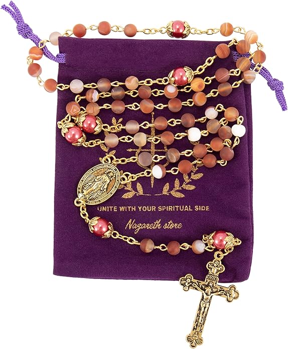 Red Matte Stone Rosary Necklace with Miraculous Medal & Gold Tone Crucifix