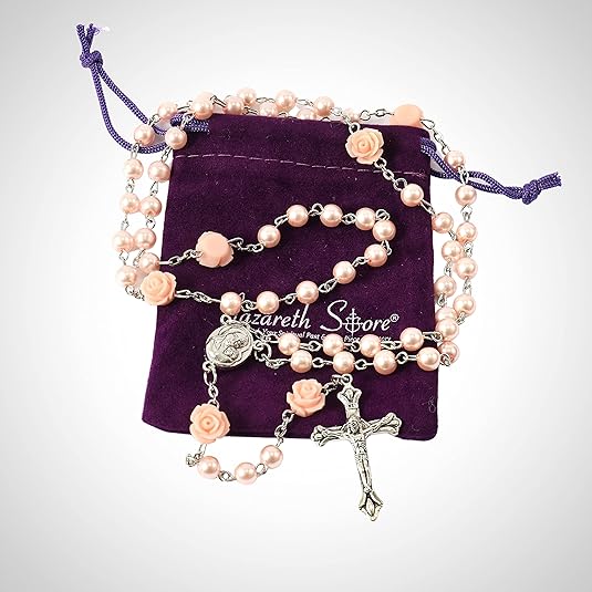 Pink Pearl Beads Rosary Necklace Our Rose Holy Soil Medal Nazareth Store