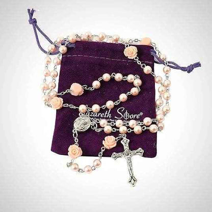 Pink Pearl Beads Rosary Necklace Our Rose Holy Soil Medal