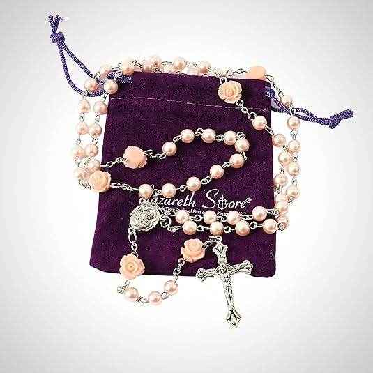 Pink Pearl Beads Rosary Necklace Our Rose Holy Soil Medal