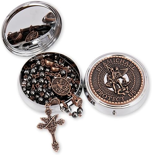 Hematite Rosary Necklace with Copper Archangel Medal & St. Michael Cross