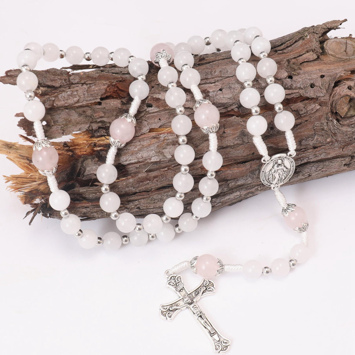 White Jade & Natural Stone Beads Rosary Necklace St. Miraculous Medal & Cross Crucifix - Nazareth Store