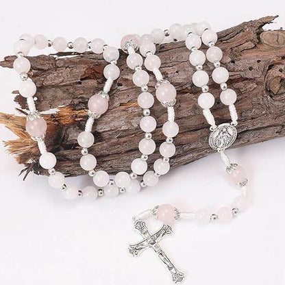 White Jade & Natural Stone Beads Rosary Necklace St. Miraculous Medal & Cross Crucifix - Nazareth Store