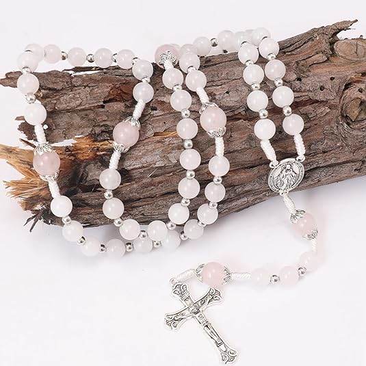 White Jade & Natural Stone Beads Rosary Necklace St. Miraculous Medal & Cross Crucifix - Nazareth Store