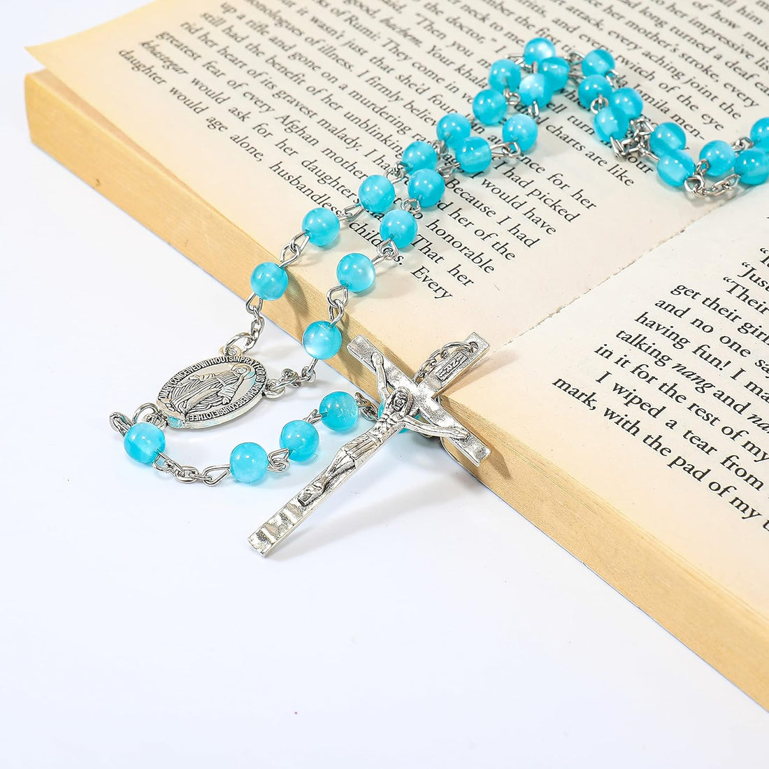 Light Blue 7mm Round Beads Turquoise Cat Eye Stone Miraculous Medal with Crucifix Nazareth Store