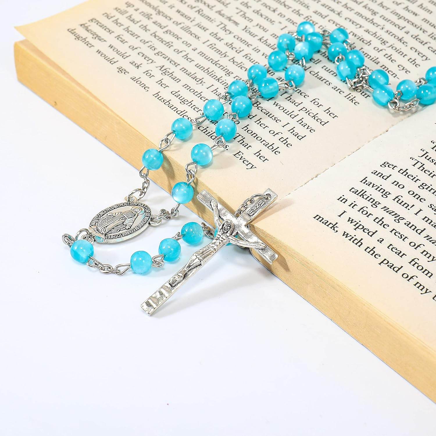 Light Blue 7mm Round Beads Turquoise Cat Eye Stone Miraculous Medal with Crucifix - Nazareth Store