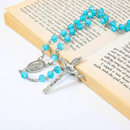 Light Blue 7mm Round Beads Turquoise Cat Eye Stone Miraculous Medal with Crucifix - Nazareth Store