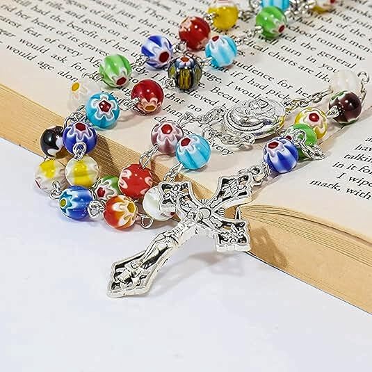 Colorful Murano Glass Rosary Necklace with Holy Soil Medal and Cross Nazareth Store