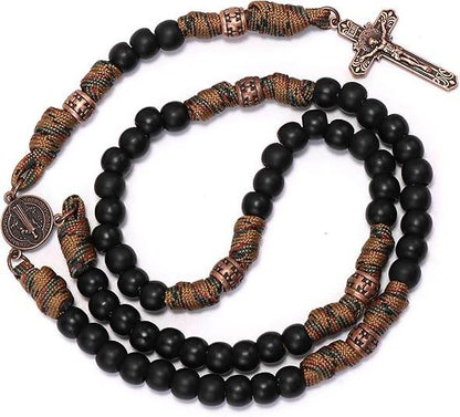 Black Matte Beads Rugged Paracord Rosary St. Benedict INRI Cross Strong Corded Necklace - Nazareth Store