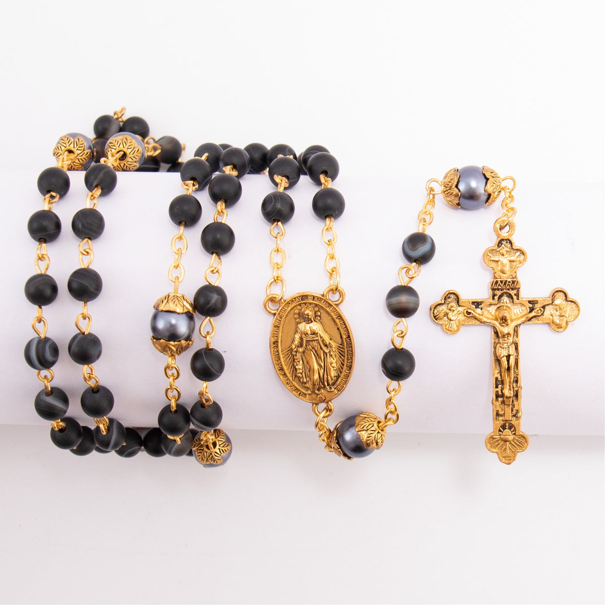 Black Matte Stone Rosary Necklace with Pearl Beads Miraculous Medal & Cross