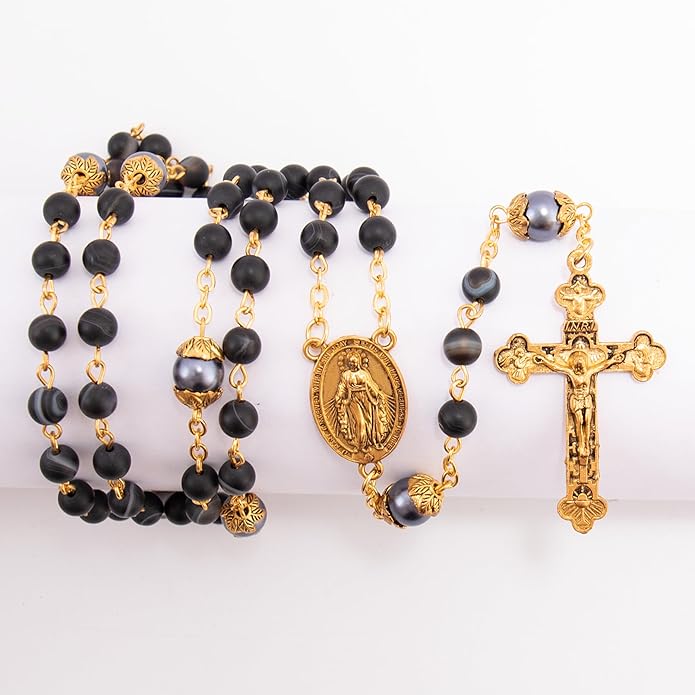 Black Matte Stone Rosary Necklace with Pearl Beads Miraculous Medal & Cross