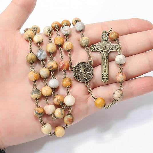 African Jasper Antique Bronze Rosary Necklace St. Benedict Cross and Medal - Nazareth Store