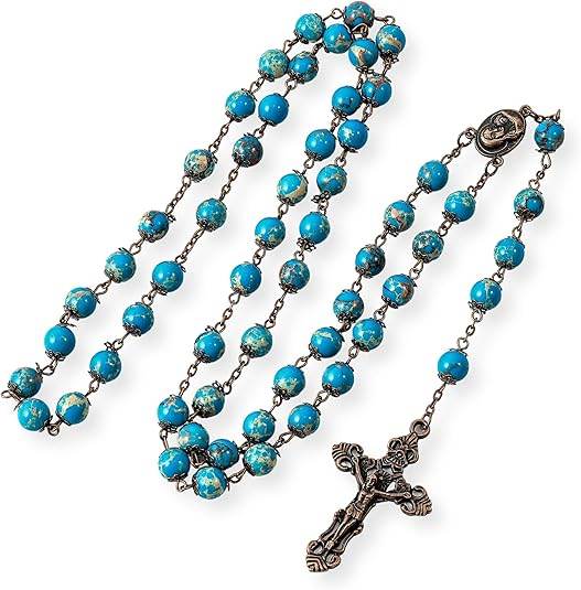 Jasper Turquoise Rosary Stone Beads Necklace Holy Soil Medal & Cross - Nazareth Store