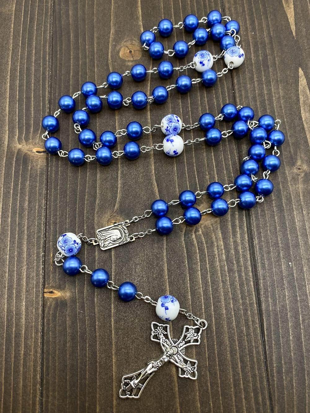 White Flowers Blue Pearl Beads Rosary Beaded Necklace Lourdes Medal & Cross Crucifix - Nazareth Store