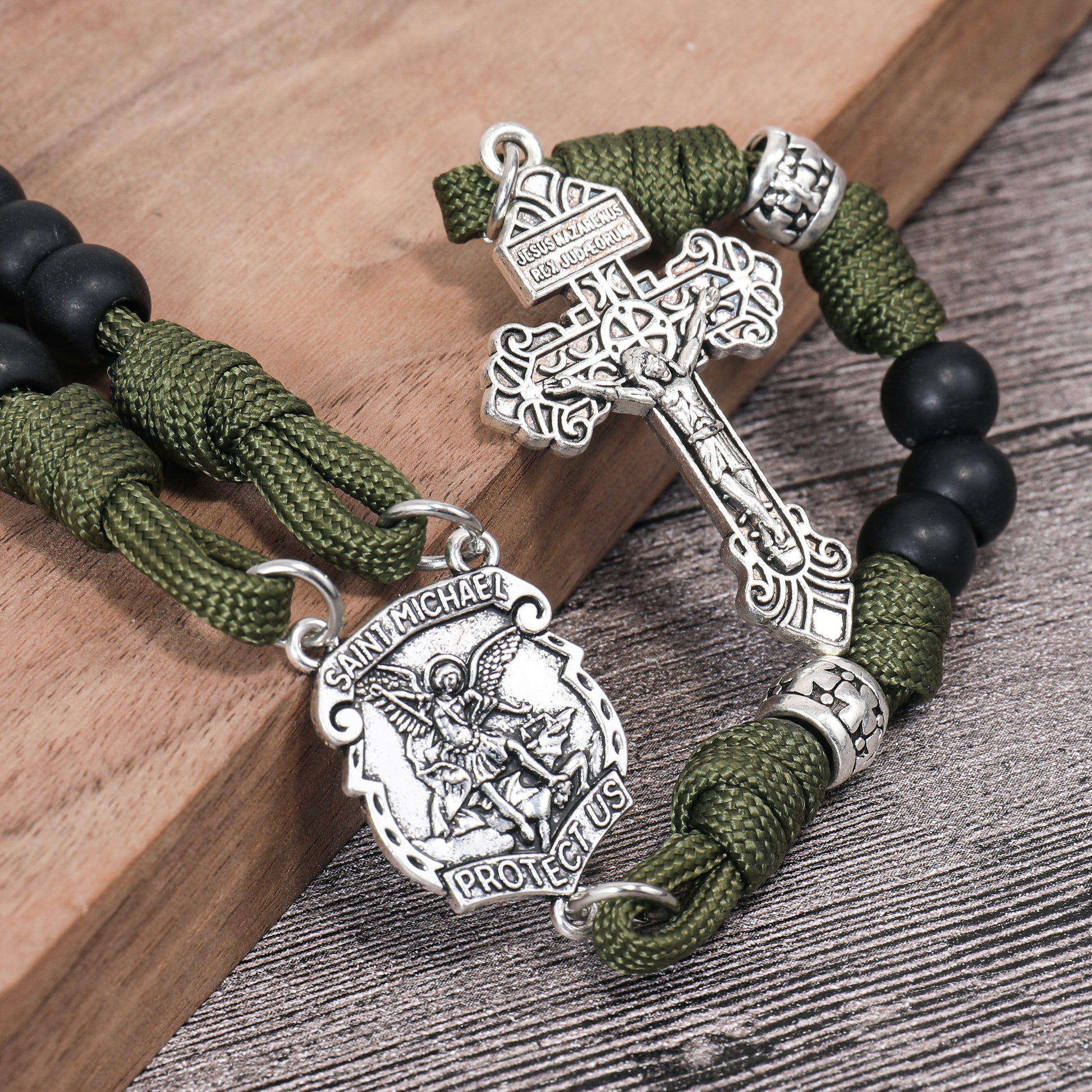 St.Michael Black Beads Red Paracord Rosary Rugged Beaded Pardon Cross Nazareth Store