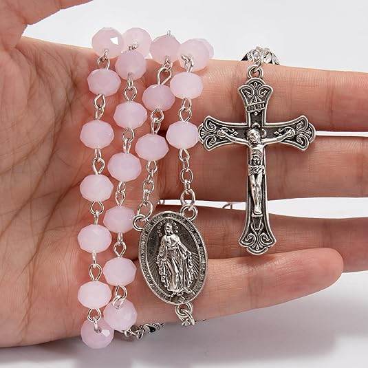 Crystal & Alloy Prayer Beads Rosary Necklace Miraculous Medal and Jesus Cross - Nazareth Store