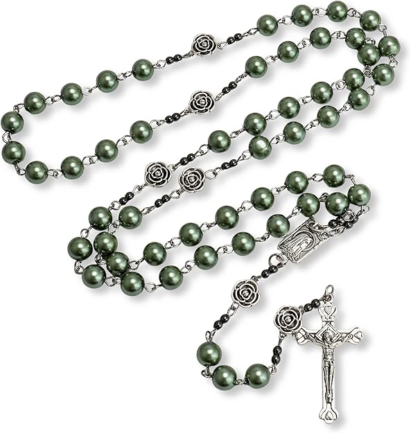 Green Pearl Beads Rosary Metal Mystery Roses with Hematite stones, Catholic Rosary Necklace 