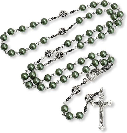 Green Pearl Beads Rosary Metal Mystery Roses with Hematite Stone Necklace - Nazareth Store