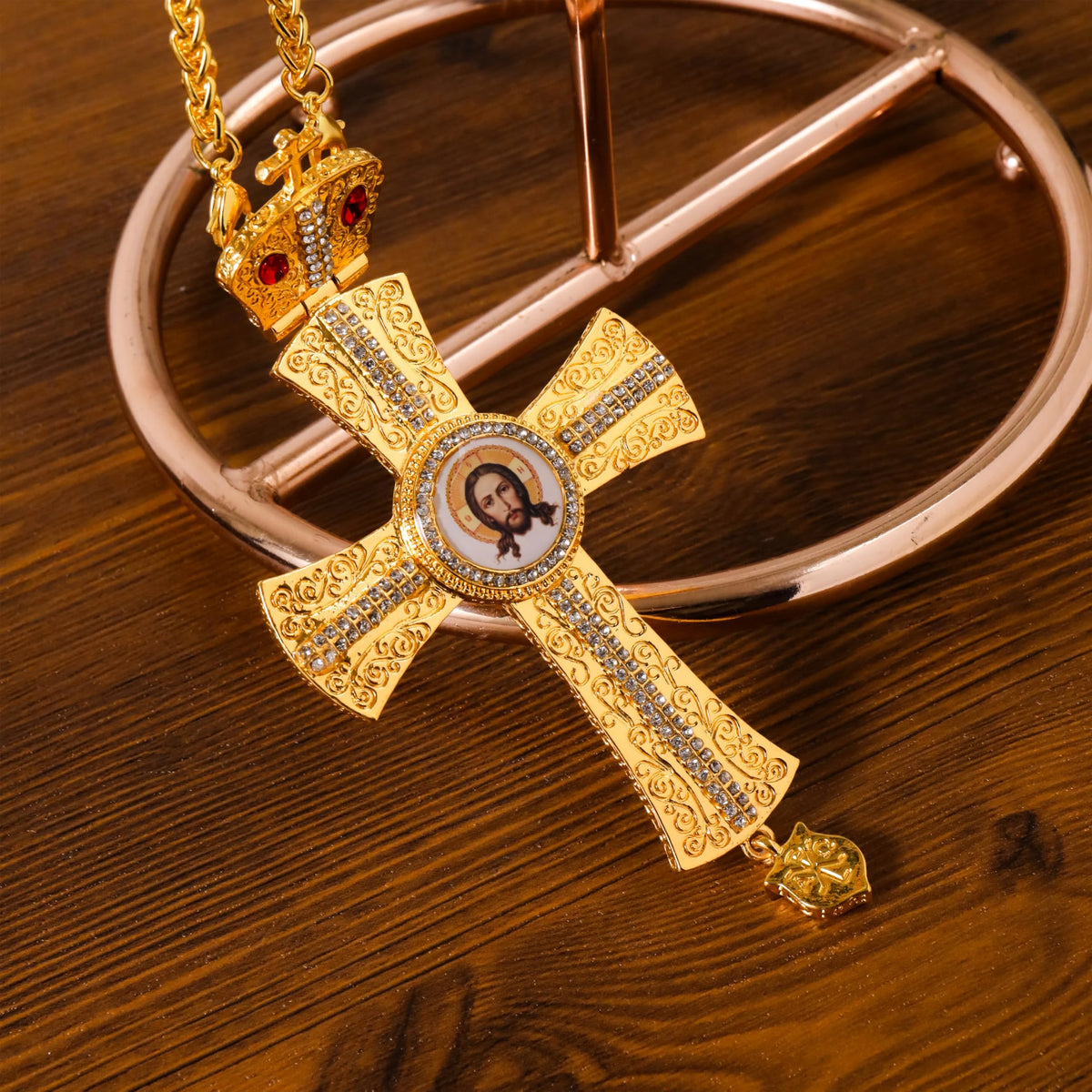 Orthodox Gold Plated Cross Necklace Red Stone Christian Crucifix Pendant