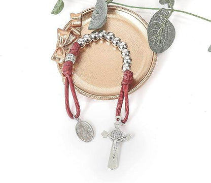 Silver Beads Red Paracord Pocket Car Rosary St. Joseph Medal & St. Benedict Cross - Nazareth Store