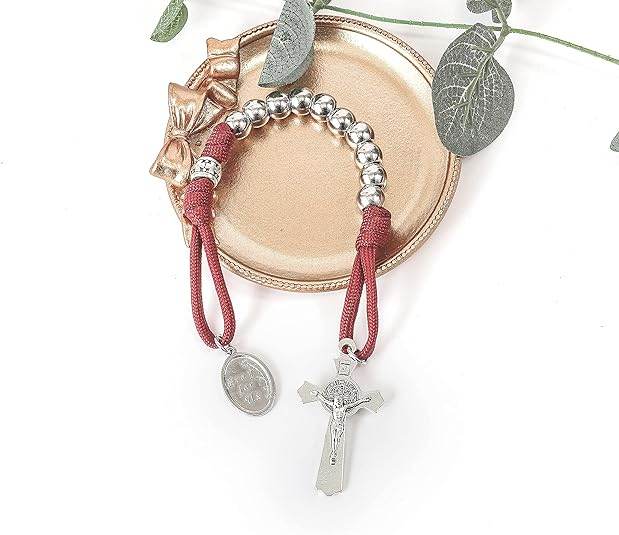 Silver Beads Red Paracord Pocket Car Rosary St. Joseph Medal & St. Benedict Cross - Nazareth Store