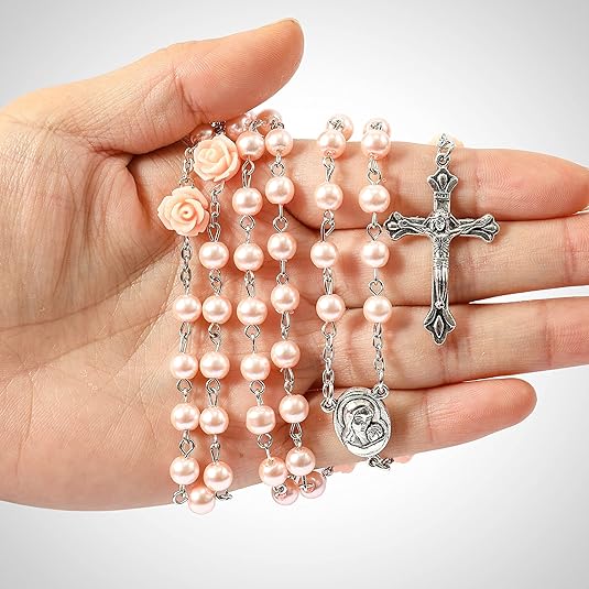 Pink Pearl Beads Rosary Necklace Our Rose Holy Soil Medal Nazareth Store