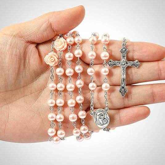 Pink Pearl Beads Rosary Necklace Our Rose Holy Soil Medal
