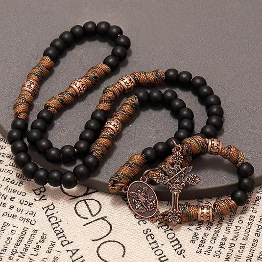 Black Matte Beads Rugged Paracord Rosary St. Benedict INRI Cross Strong Corded Necklace - Nazareth Store