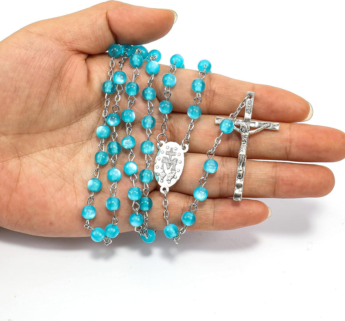 Light Blue 7mm Round Beads Turquoise Cat Eye Stone Miraculous Medal with Crucifix Nazareth Store