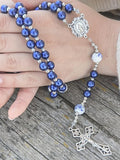 Copy of White Flowers Blue Pearl Beads Rosary Beaded Necklace Lourdes Medal & Cross Crucifix Nazareth Store