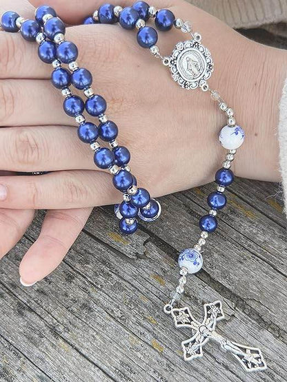 Blue Flowers Beads Rosary Crystallized Glass Pearl Necklace - Nazareth Store
