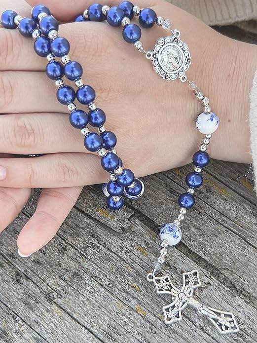 Blue Flowers Beads Rosary Crystallized Glass Pearl Necklace - Nazareth Store