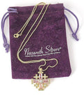 Pink Topaz Jerusalem Cross Pendant 18k Yellow Gold Plated with Crystals Nazareth Store