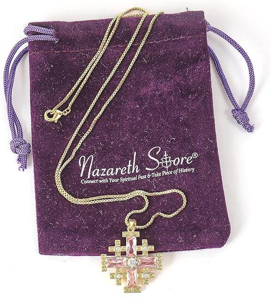 Pink Topaz Jerusalem Cross Pendant 18k Yellow Gold Plated with Crystals Nazareth Store