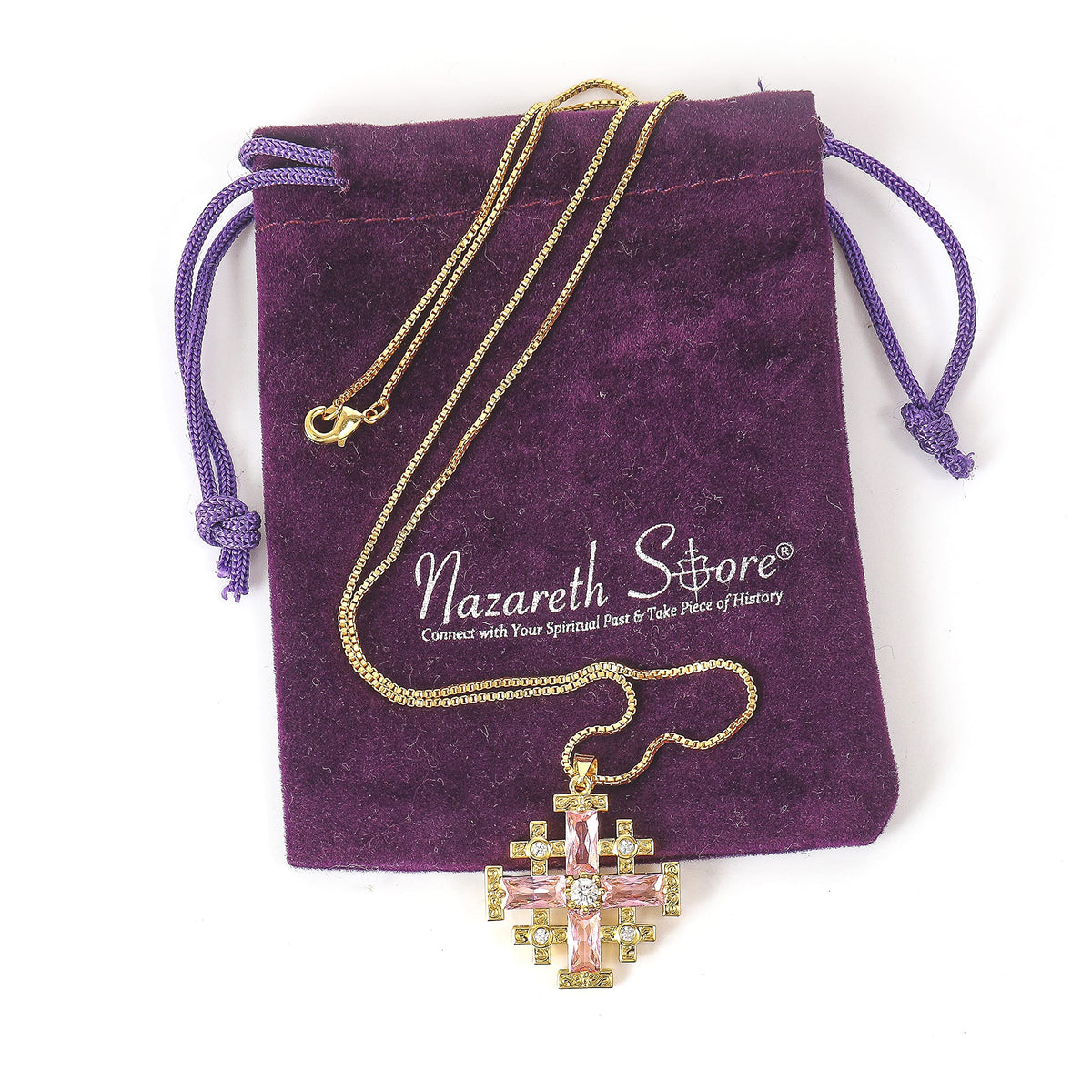 Pink Topaz Jerusalem Cross Pendant 18k Yellow Gold Plated with Crystals - Nazareth Store