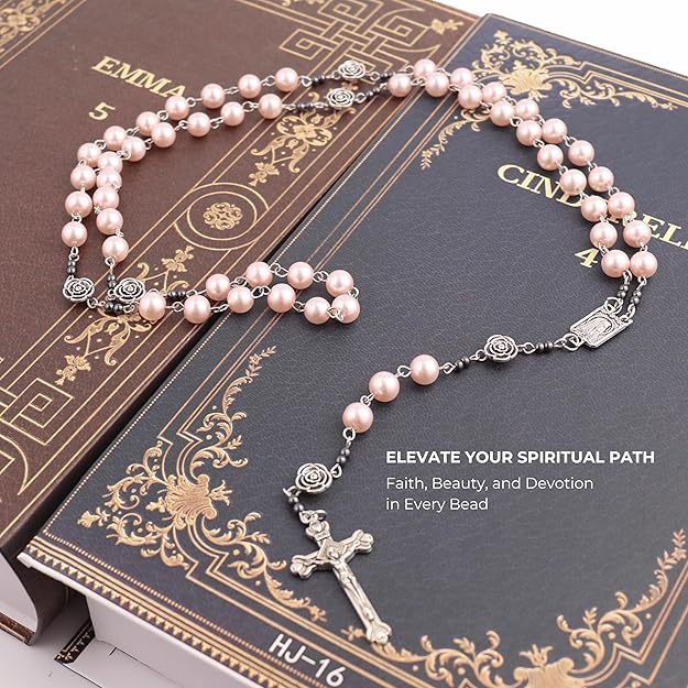 Pink Pearl Beads Rosary Metal Mystery Roses with Hematite Stone Necklace Nazareth Store