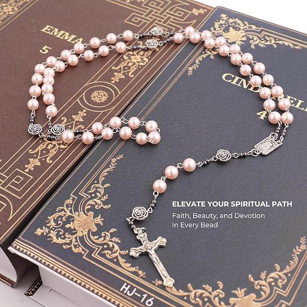 Pink Pearl Beads Rosary Metal Mystery Roses with Hematite Stone Rosary Necklace - Nazareth Store
