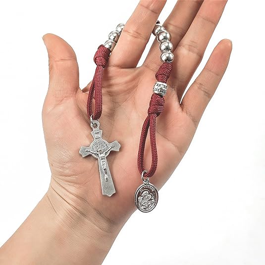 Copy of Silver Beads Black Paracord Pocket Car Rosary St. Joseph Medal & St. Benedict Cross Nazareth Store