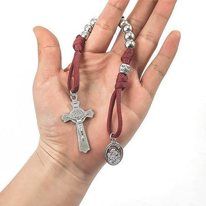 Silver Beads Red Paracord Pocket Car Rosary St. Joseph Medal & St. Benedict Cross - Nazareth Store
