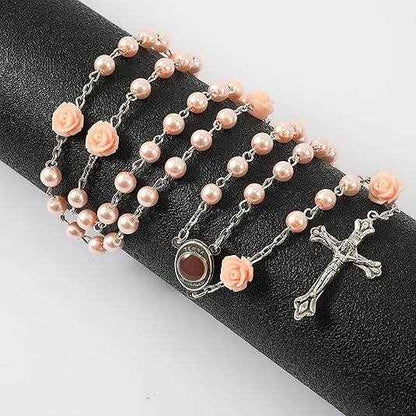 Pink Pearl Beads Rosary Necklace Our Rose Holy Soil Medal