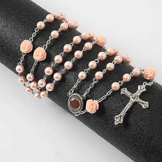 Pink Pearl Beads Rosary Necklace Our Rose Holy Soil Medal