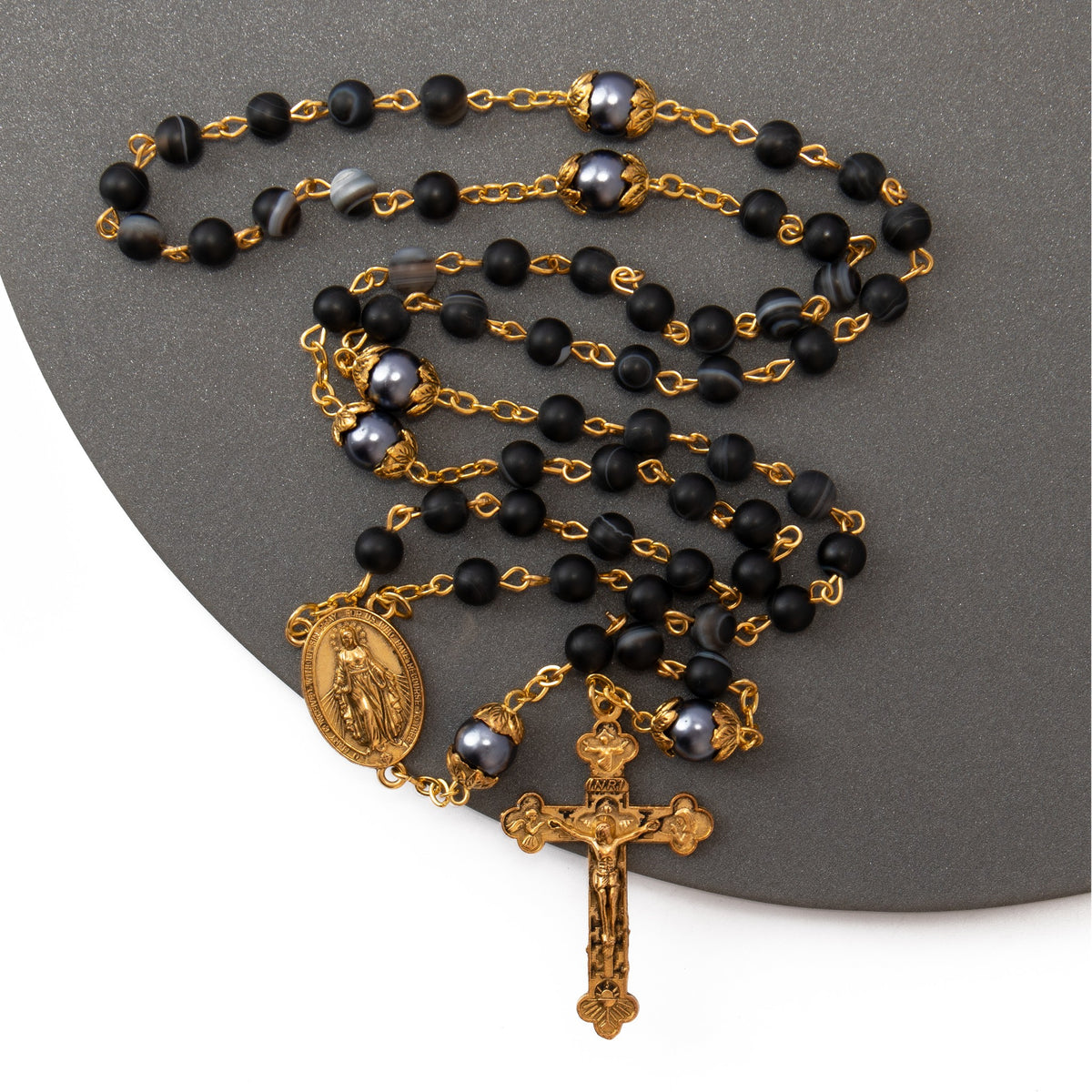Black Matte Stone Rosary Necklace with Pearl Beads Miraculous Medal & Cross